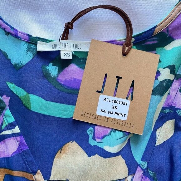 NWT ABEL THE LABEL PURPLE GREEN SALVIA PRINT SHORT SLEEVE HIGH LOW MAXI DRESS - Picture 5 of 8